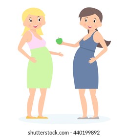 Two cute pregnant woman. Expecting concept. Flat style. Vector Illustration