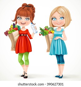 Two cute pregnant women in red and blue with paper bags fresh fruits and vegetables isolated on white background