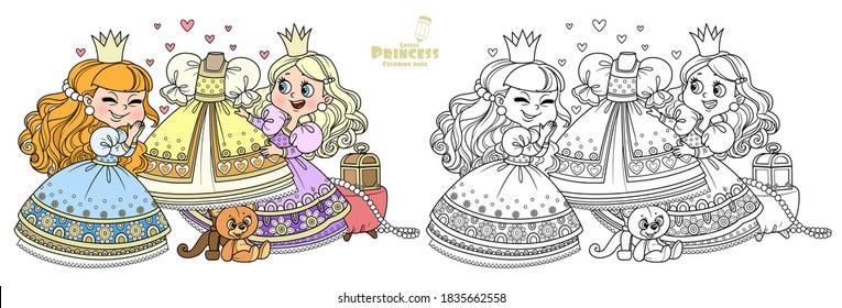 Two cute princess consider a ball gown on a mannequin outlined and color for coloring book