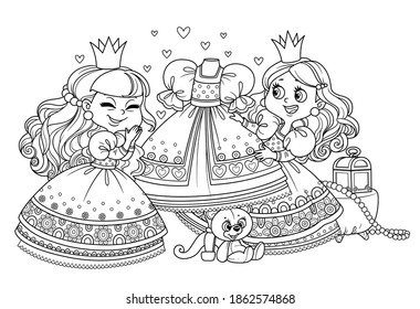 Two cute princess consider a ball gown on a mannequin outlined for coloring book