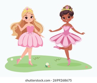 Two cute princesses of different nationalities in beautiful pink dresses standing together on a grassy field with flowers, on a white background. Vector illustration in flat drawn cartoon style