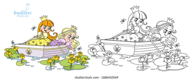 Two cute princesses are floating in a boat and tearing yellow water lilies outlined and color for coloring book