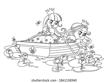 Two cute princesses are floating in a boat and tearing yellow water lilies outlined for coloring book