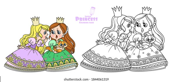 Two cute princesses gossip or secret one of them has a cat outlined and color for coloring book