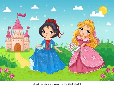 Dos lindas princesas se paran en un prado floreciente contra el telón de fondo de un hermoso castillo. Ilustración vectorial con una chica en un estilo de dibujos animados