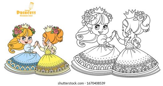 Two cute princesses in wreaths of rose flowers dancing outlined and color for coloring book