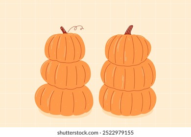 Two cute pumpkin stacks on a checkered background. Hand drawn doodle style. Autumn illustration perfect for Halloween, harvest, or Thanksgiving designs.