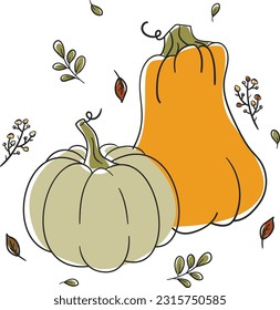 Dos calabazas lindas y estilo de doodle de brotes de plantas