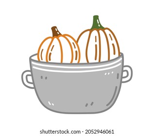 Two cute pumpkins in a pot isolated on white background. Vector hand-drawn illustration in doodle style. Perfect for cards, holiday designs, decorations, invitations.