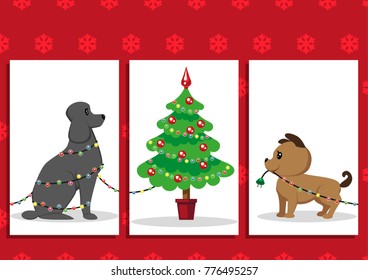 Two cute puppies decorate the Christmas tree with a colorful garland. One dog is entangled in a garland, and the other dog is holding a plug. Christmas card, congratulations on the New Year.