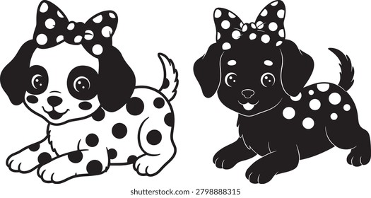 Two cute puppies, one black and white, one black, with bows and spots.