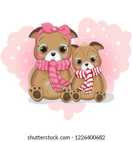 two cute puppy cartoon on background heart