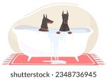 Two cute purebred dog doberman taking bath cartoon vector illustration. Funny puppies sitting in foamy home bathtub scene