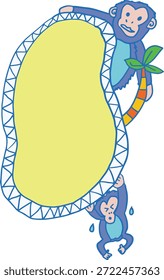 Dos monos morados lindos que sostienen una señal en blanco amarilla Grande para el mensaje, personajes divertidos del primate con la palmera tropical, Ilustración vectorial.