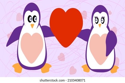 Two cute purple penguins holding a heart in the center. Vector illustration on a pink background.