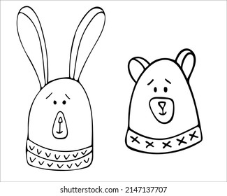 Two Cute rabbit and bear faces doodle illustration. Hand drawn baby vector