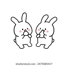 Two cute rabbit characters eating mochi.