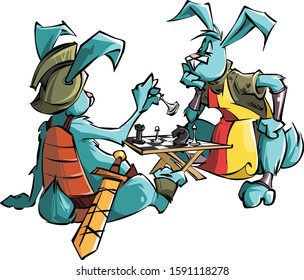 Two cute rabbit knight in armor and with weapons playing chess