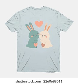 two Cute Rabbit in love with love heart, t shirt template for valentine's day, illustration.