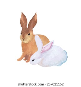 Two cute Rabbits in artistic style. Watercolor Easter art print. Vector hand drawn illustration in vintage style.