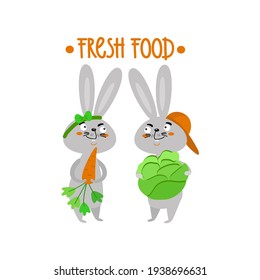Two cute rabbits with carrot, cabbage. Fresh food lettering. Funny cartoon bunnies like healthy food, fresh vegetable, vitamins. Hand drawn vector illustration isolated on white. Concept of vegetarian