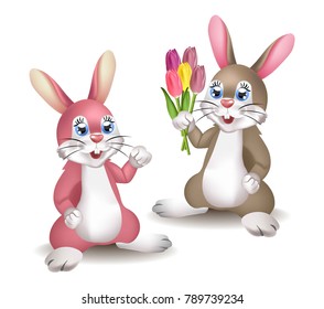 Two cute rabbits cartoon Vector. Happy bunny couple illustrations