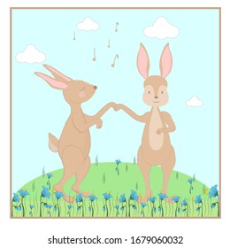 Two cute rabbits characters dancing on lawn in vector design. Decorated with flowers and grass. Cartoon childish Illustration. Simple clipart.