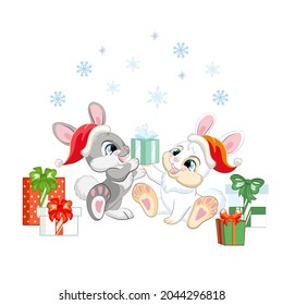 Two cute rabbits in a Christmas hats with gifts and snowflakes. Cartoon rabbit character. Vector isolated illustration. For postcard, posters, design, greeting card, stickers, decor, kids apparel