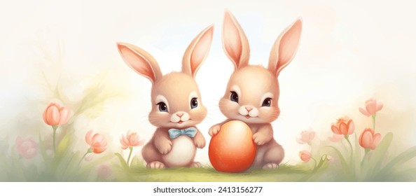 Two cute rabbits with an easter egg