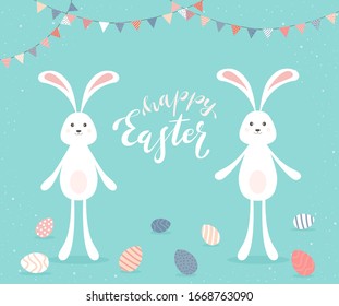 Two cute rabbits with Easter eggs and pennants on blue background. Lettering Happy Easter. Illustration in flat cartoon style can be used for holiday design, poster, banner and greeting card.