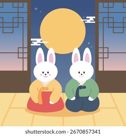 Dos lindos conejos en Hanbok sentados bajo la luna llena para el festival coreano de otoño de Chuseok. (Traducción: Bountiful Chuseok)