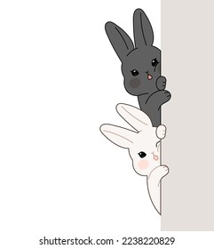 Two cute rabbits are hiding behind the wall. Black rabbit and white rabbit character upper body illustrations for your design.