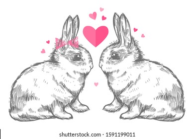 Two cute Rabbits hipsters in love. Bunny with the bow. Valentine Day's card. Hand drawn Illustration for prints on t-shirts, hoody, bags