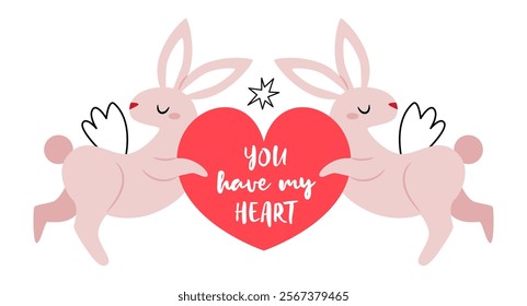 Two cute rabbits holding a heart. Symmetrical Valentine's Day card.