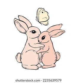 Dos lindos conejos abrazándose, dibujados a mano al estilo de los garabatos. La mariposa está volando. Ilustración del vector