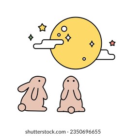 Two cute rabbits are looking at the big full moon. outline simple vector illustration.