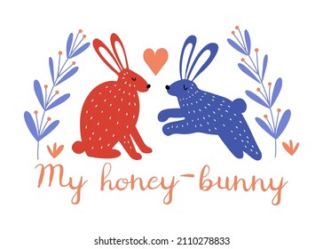Two cute rabbits in love, hand drawn in Scandinavian style, decorated with small heart and plant leaves, isolated vector illustration