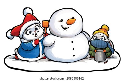 two cute rabbits making a snowman Christmas vector illustration