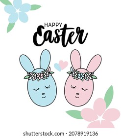 Two cute rabbits on a white background. Easter illustration. Multi-colored Easter eggs in the form of animals. Easter bunny.