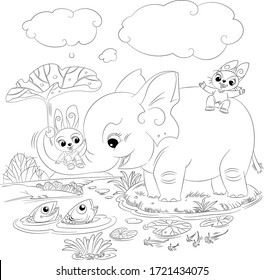 Two cute rabbits playing with big friendat the river.vector stock hand drawn for pre school coloring page,kids coloring books,animals image,beautiful drawing,books image coloring,children books color.