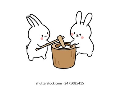 Two cute rabbits pounding mochi.