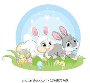 Two cute rabbits running on spring grass with Easter eggs. Colorful illustration isolated on white background. Cartoon character rabbit easter concept for print, t-shirt, design,sticker and decorating