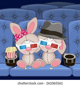 Two Cute Rabbits is sitting at the Cinema 