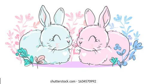 Two cute rabbits sitting in flowers, children's beautiful illustration. Print design for nursery, textile, poster. stock.