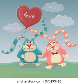 Two cute rabbits walk with balloon. Postcard Valentine's day