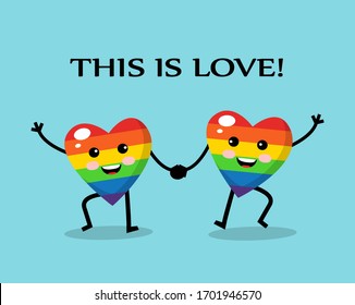 two cute rainbow colored hearts together and smile and hold hands