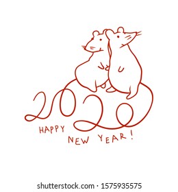 Two cute rats. Hand drawn illustration of Happy New Year. 2020 typography, composed by tails of rats.