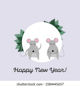 two cute rats on the grey background, cute rat waving hand, chritsmas rats, cheerful animals, cute animals vector illustration