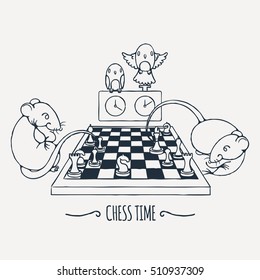 Two cute rats playing chess, parrots watch and switch the time. Vector illustration.