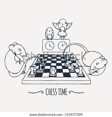Two cute rats playing chess, parrots watch and switch the time. Vector illustration.